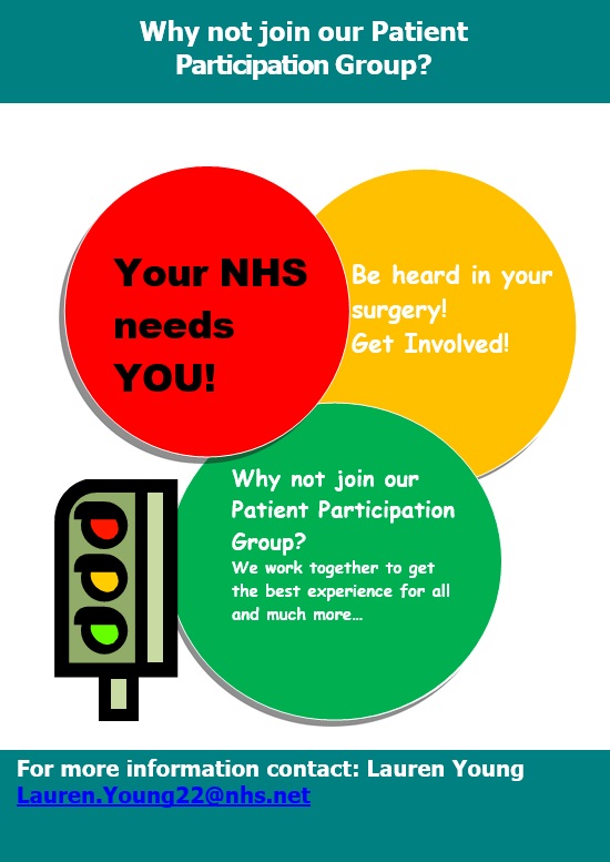 Why not join our Patient Participation Group? We work together to get the best experience for all and much more. For more information contact Lauren Young at lauren.young22@nhs.net